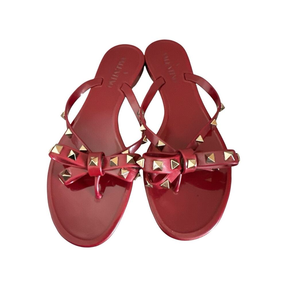 Valentino Garavani Rockstud Bow Jelly Thong Sandals Red Slip-On Women’s 37 - Picture 2 of 11